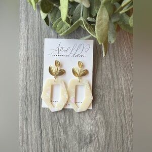 #112 Elegant Cream Earrings with Gold Leaf Accents